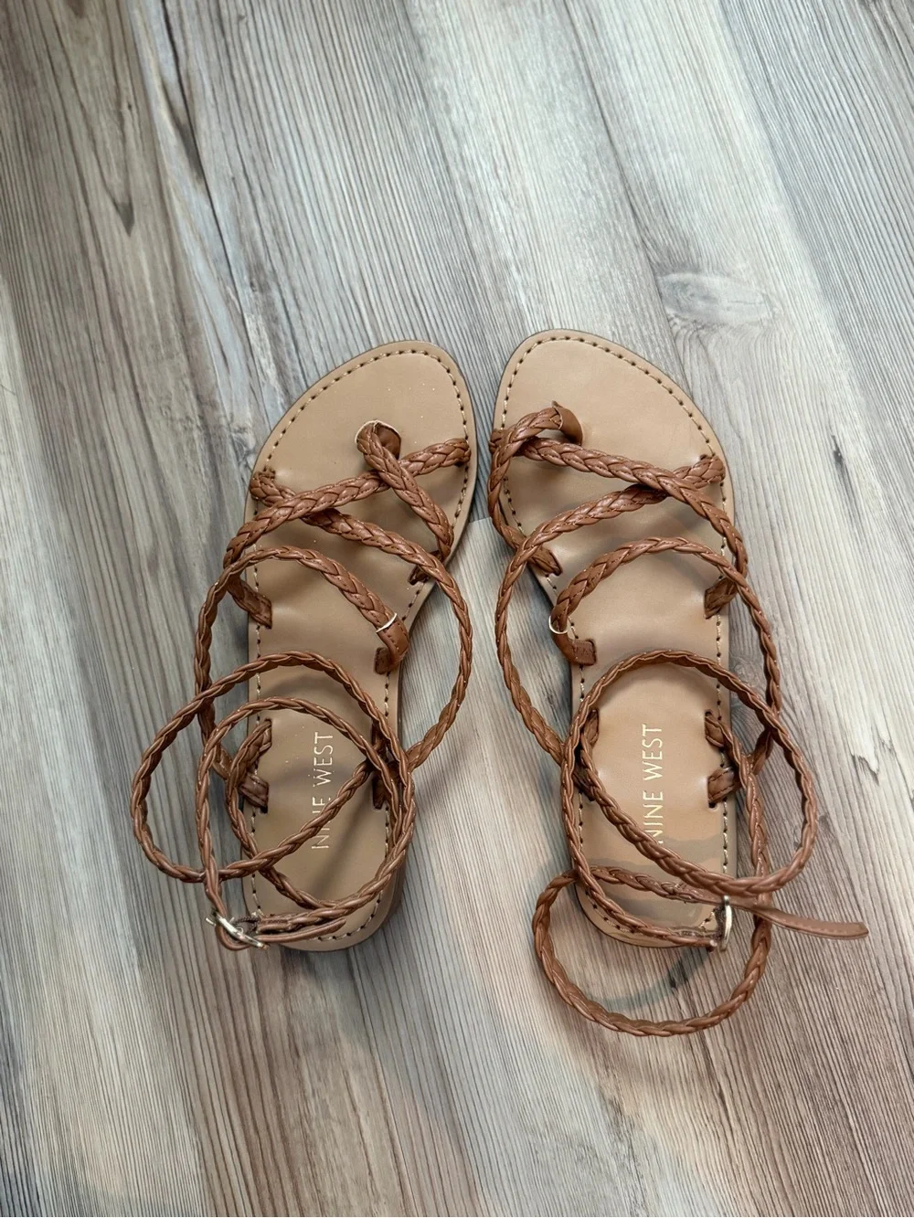 Nine West Tan Braided Leather Wrap Sandals